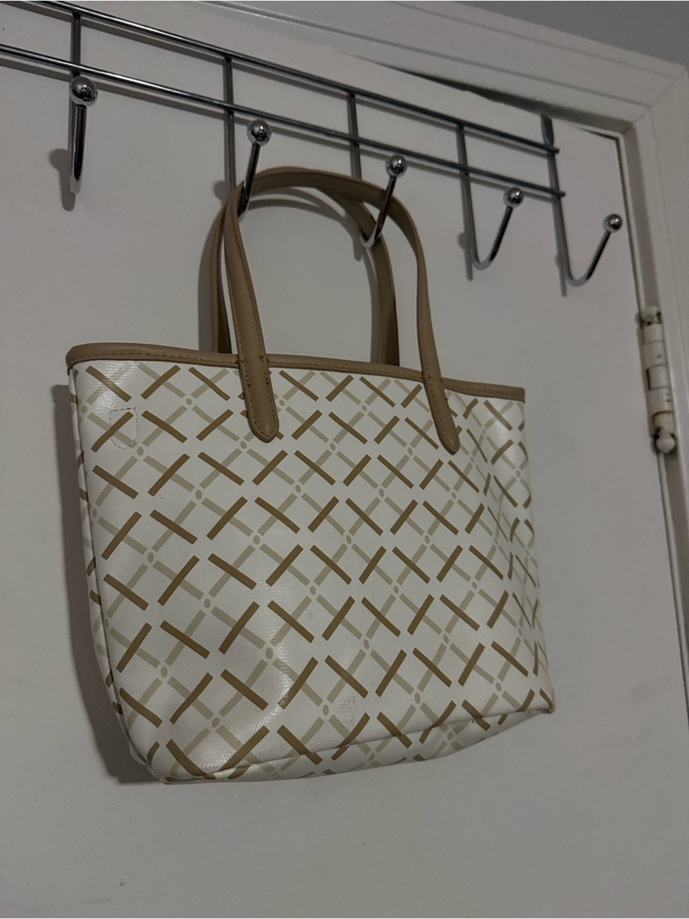 a new day Beige & White Mini Tote Bag with Lattice Pattern